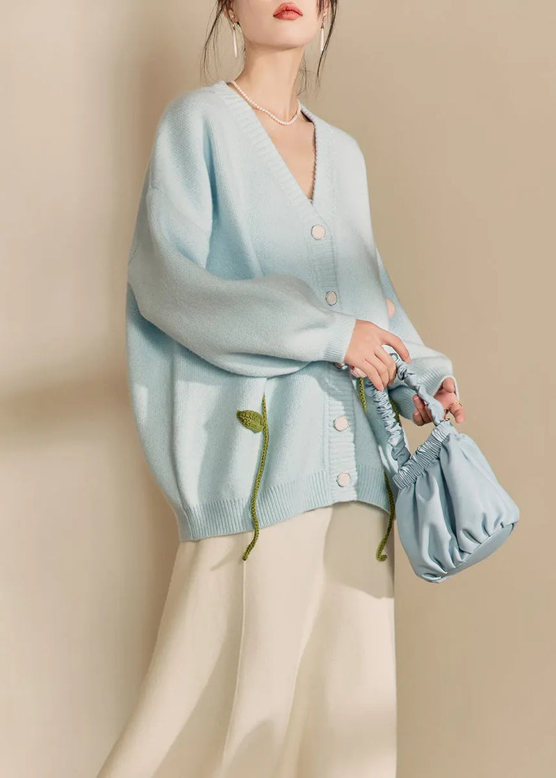 Loose Cozy Blue V Neck Knit Cardigan Fall