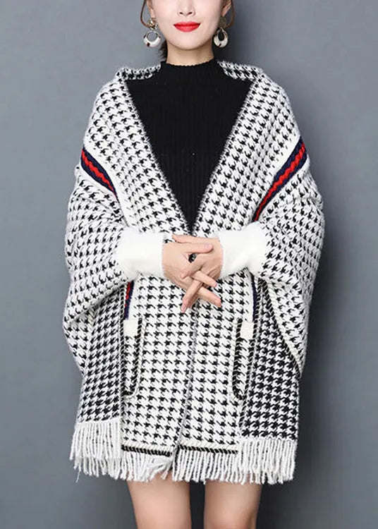 Plaid Tasseled Pockets Patchwork Knit Blended Cardigans Fall