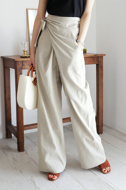 Cotton and Linen Asymmetrical Belt Design Wide-leg Pants