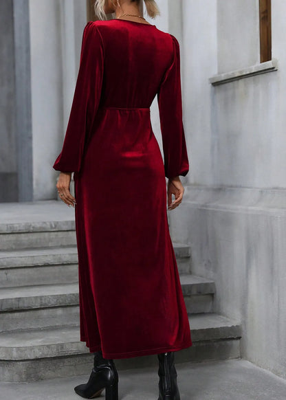 Italian Mulberry V Neck Side Open Velvet Long Dress Fall