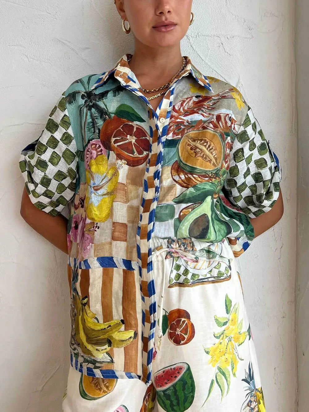Fruit Print Tropical Shirt Elastic Waist Pocket Wide Leg Pants Suit