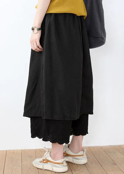 Black Lace Linen Pants Skirt Elastic Waist Summer