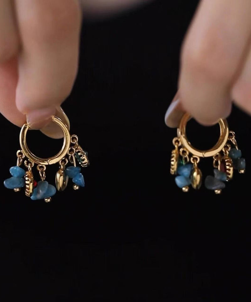 Blue Copper Overgild Asymmetrical Tassel Hoop Earrings