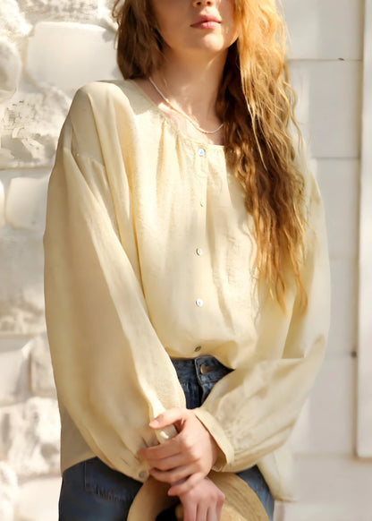 Yellow O Neck Button Cotton Shirts Tops Spring