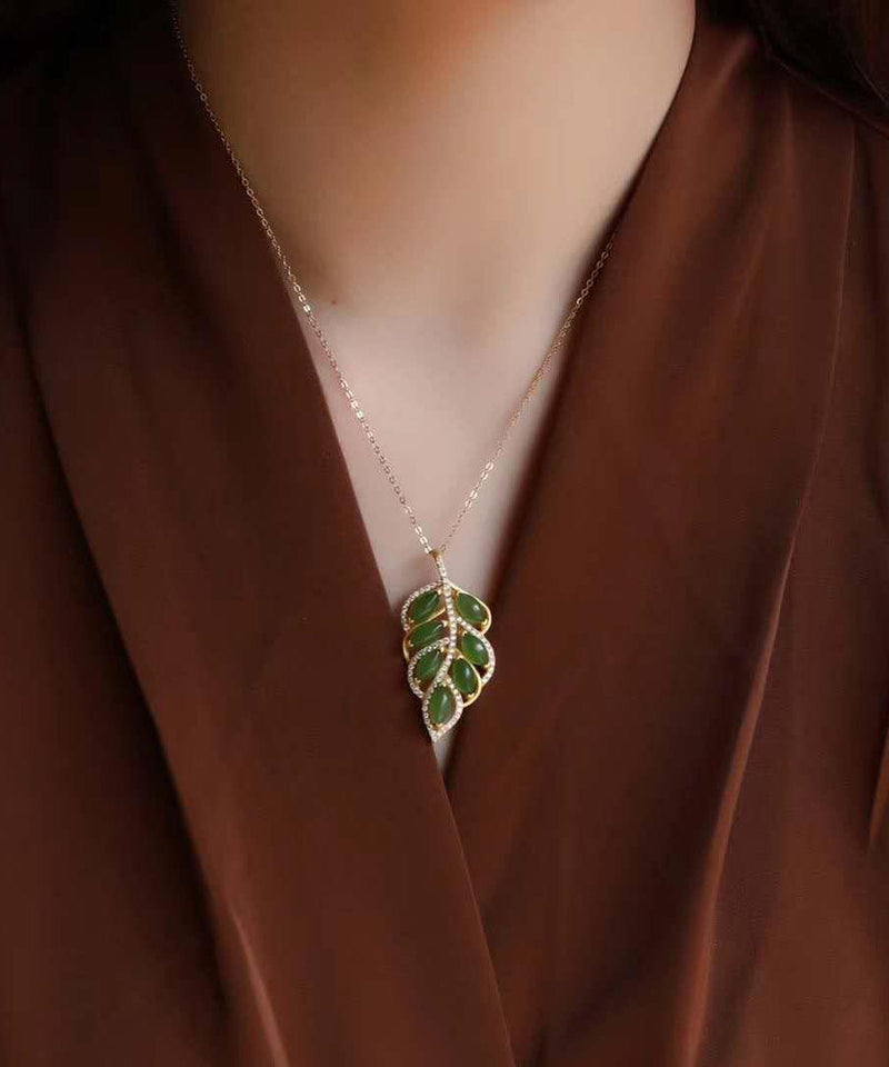 Green Jade Zircon Leaf Pendant Necklace
