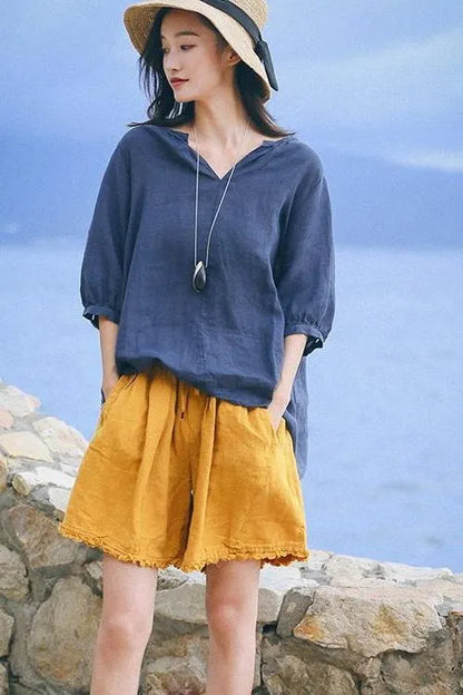 Loose Green and Yellow Linen Shorts Summer Trousers