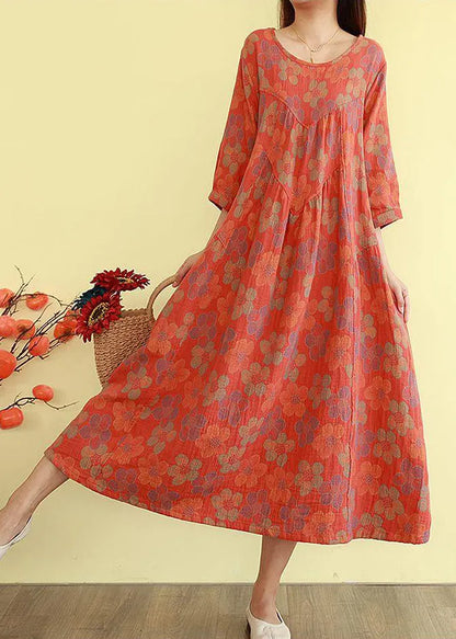 Orange Oversized Print Cotton Long Dress Bracelet Sleeve