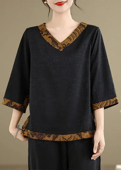 Style Black V Neck Patchwork Silk Shirts Summer
