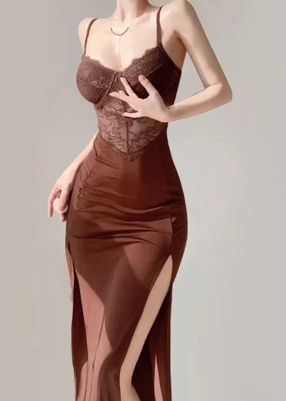 Brown Side Open Maxi Spaghetti Strapdresses Sleeveless