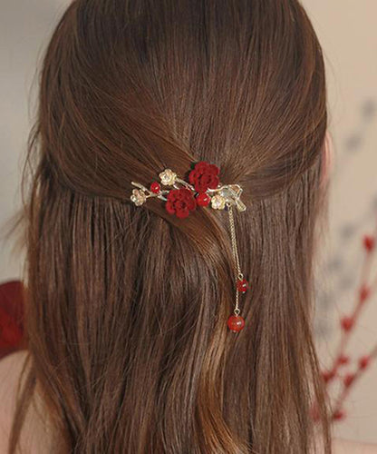 Red Copper Alloy Plum Blossom Tassel Hairpin
