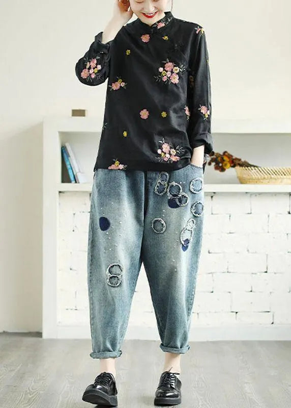 Black Embroidered Stand Collar Button Fall Long Sleeve Shirt
