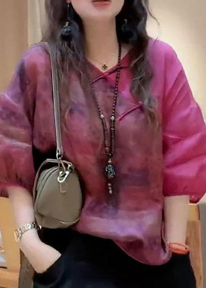 Rose V Neck Print Button Linen Shirt Half Sleeve