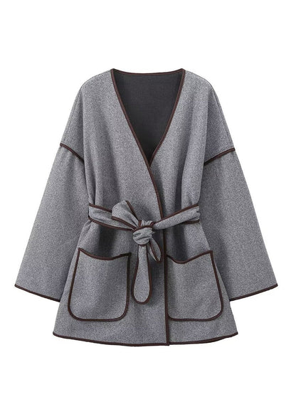 Grey Pockets Tie Waist Woolen Jacket Fall