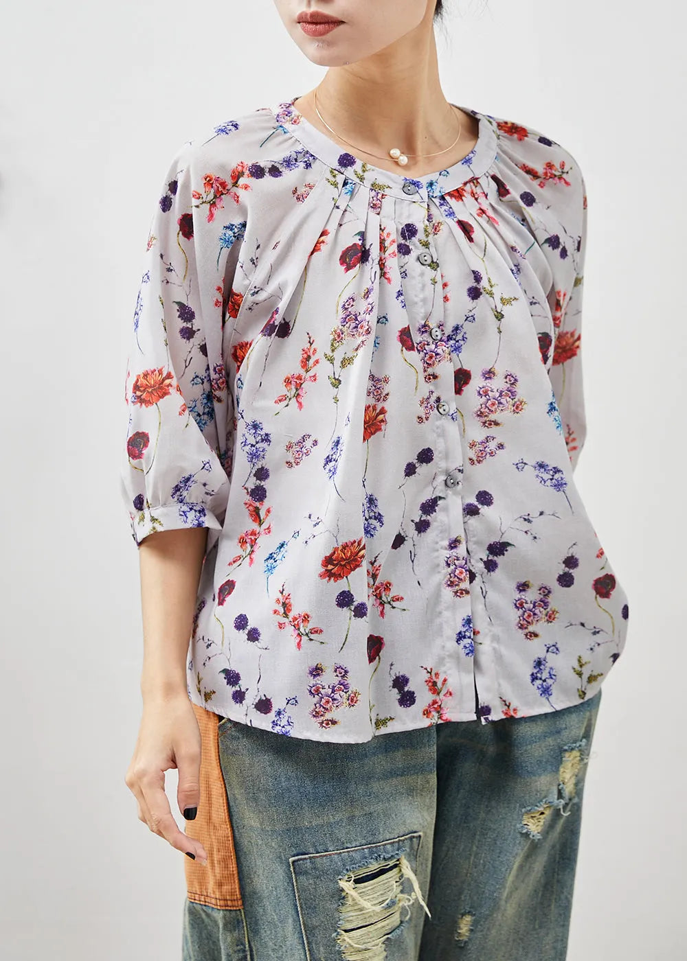 Beige O-neck Print Linen Shirt Half Sleeve