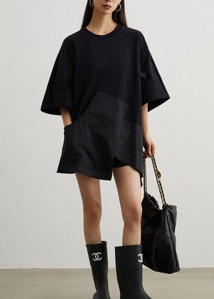 Black O Neck Pockets Patchwork Cotton T Shirt Summer