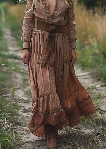 V Neck Wrinkled Patchwork Cotton Long Dress Spring