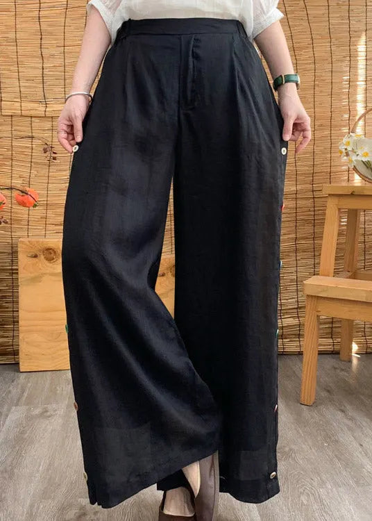 Stylish Black Elastic Waist Button Linen Wide Leg Pants Summer