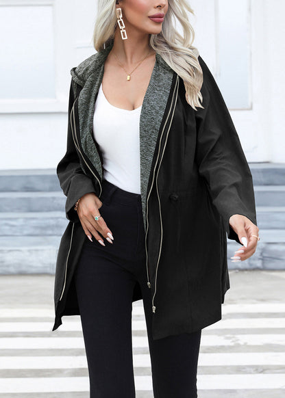 Green Drawstring Patchwork Cotton Hoodie Coat Fall