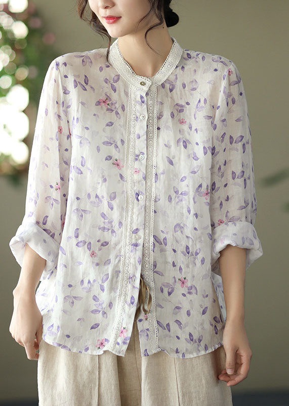 White Lace Patchwork Print Ramie Blouses Long Sleeve