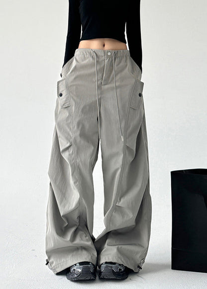 Grey Pockets Tie Waist Wide Leg Pants Spring