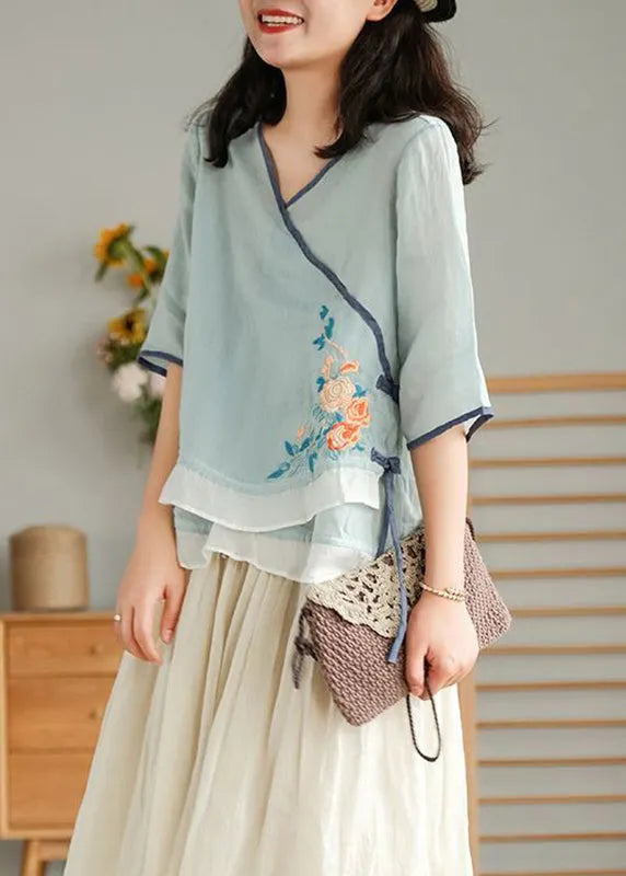 Light Blue O Neck Asymmetrical Lace Up Linen Top Spring