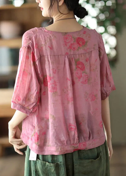 Italian Gray Texture V Neck Print Button Linen Top Half Sleeve