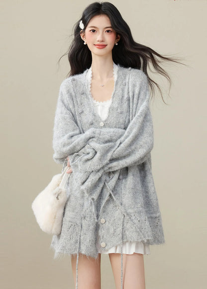 Grey Fuzzy Ball Decorated Drawstring Knit Cardigan Spring