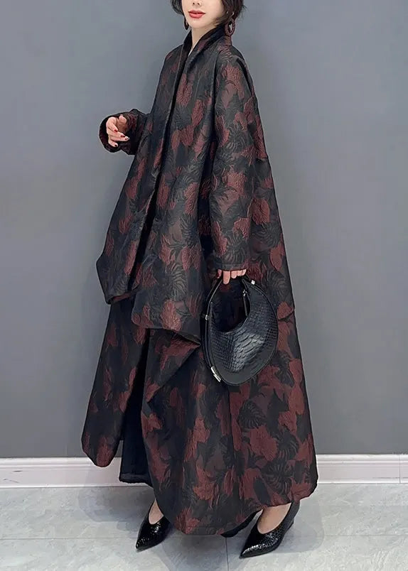 Brown Asymmetrical Jacquard Patchwork Cotton Cardigan Fall