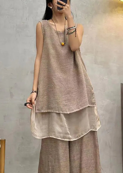 Coffee O Neck Patchwork Cotton Tops Sleeveless