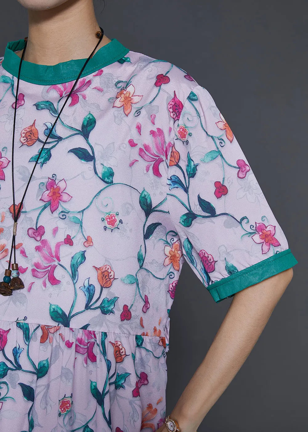Pink Stand Collar Print Silk Long Dress Summer