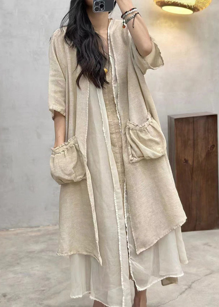 Apricot Loose Cotton Long Cardigan Pockets Half Sleeve
