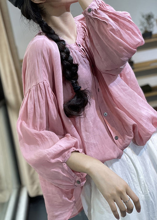 Pink O Neck Button Patchwork Cotton Shirt Top Spring