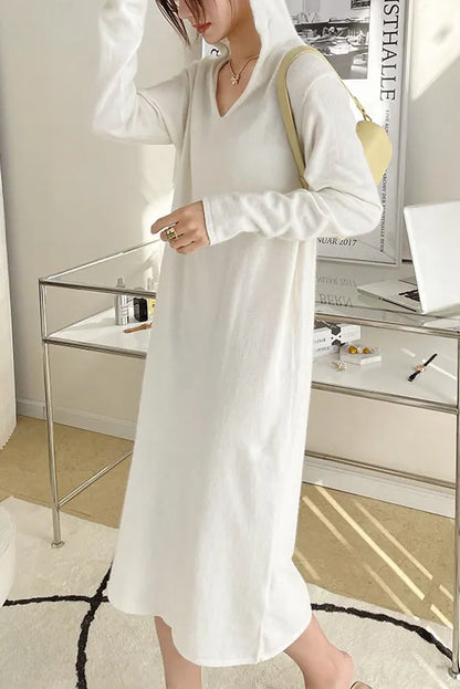 Wool Knit Hoodie Color Long Sleeve Dress