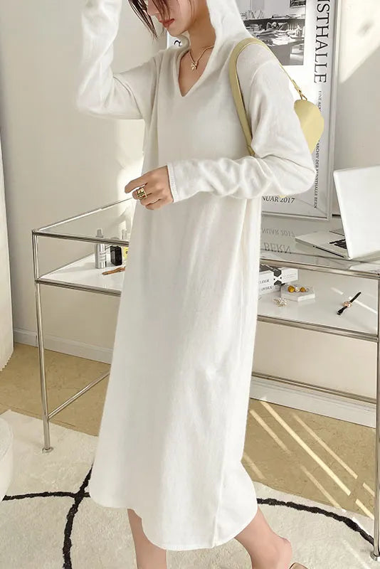 Wool Knit Hoodie Color Long Sleeve Dress