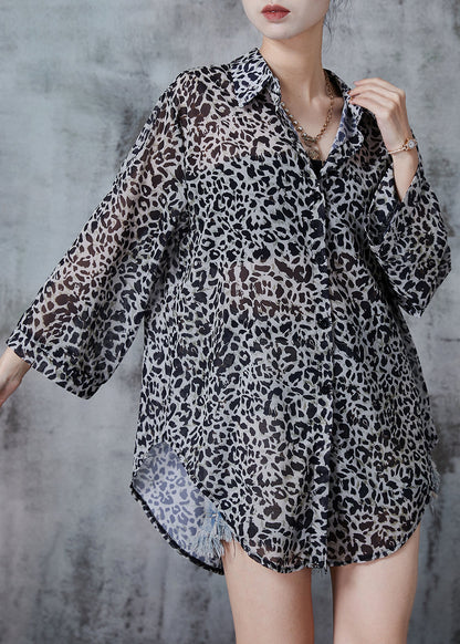 Grey Oversized Leopard Print Chiffon Shirt Top Fall
