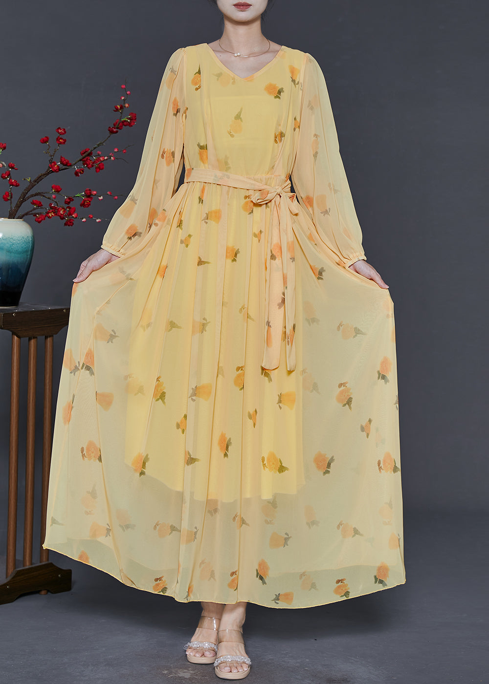 Stylish Orange Tie Waist Print Chiffon Maxi Dress Fall