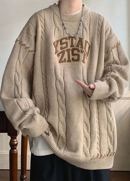 Simple Khaki O Neck Letter Cotton Knit Sweaters Winter