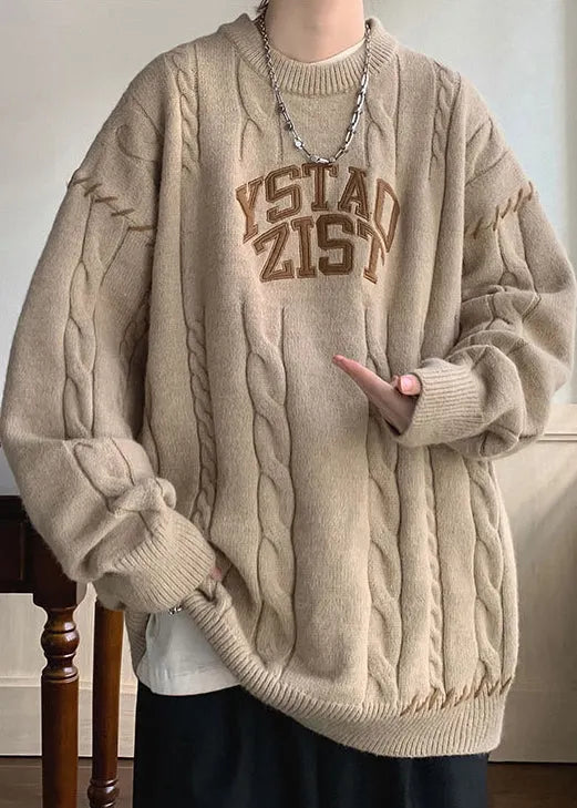 Simple Khaki O Neck Letter Cotton Knit Sweaters Winter
