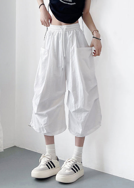Loose White Lace Up Pockets Cotton Crop Pants