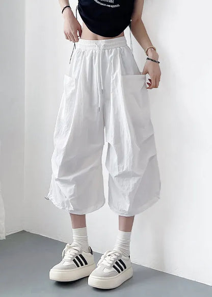 Loose White Lace Up Pockets Cotton Crop Pants