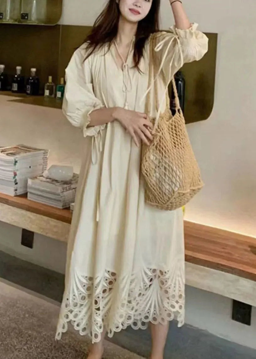 Beach Beige Tie Lace Hollow Out Maxi Dress Lantern Sleeve
