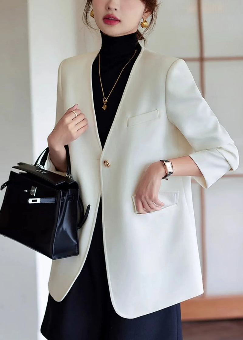 White V Neck Cotton Jackets Spring