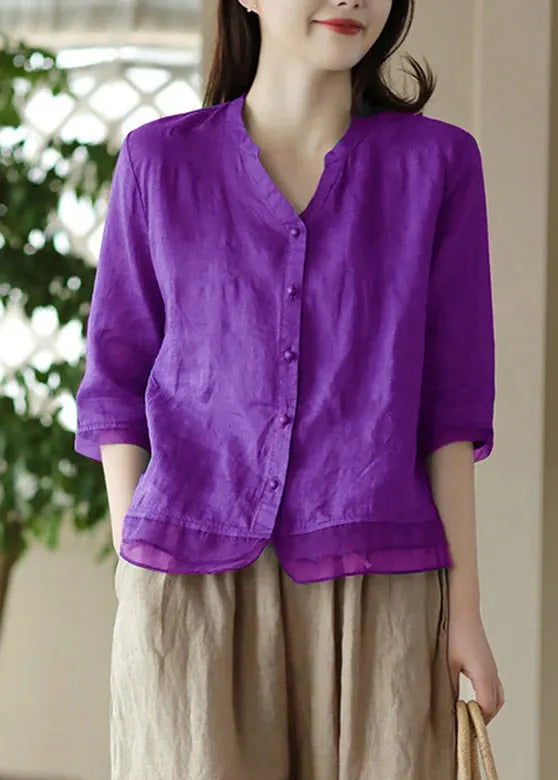 Blue V Neck Embroidered Ramie Shirt Half Sleeve