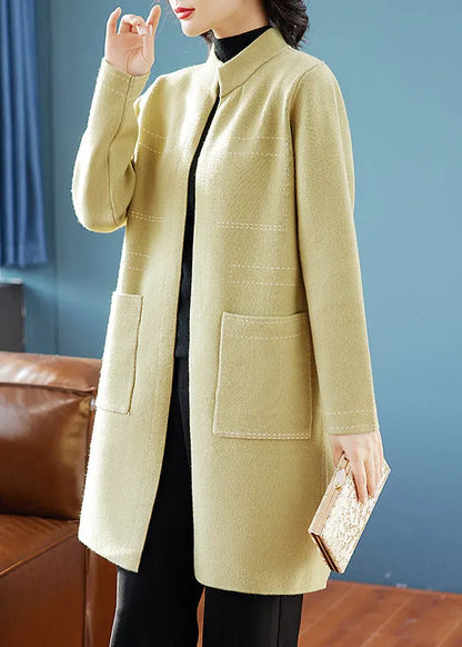 Yellow Stand Collar Pockets Woolen Cardigan Spring