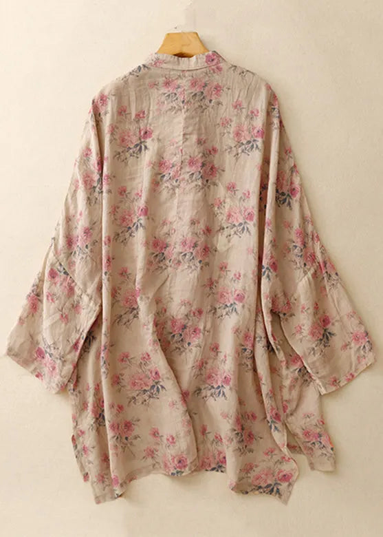 Pink Print Chinese Button Linen Shirts Spring