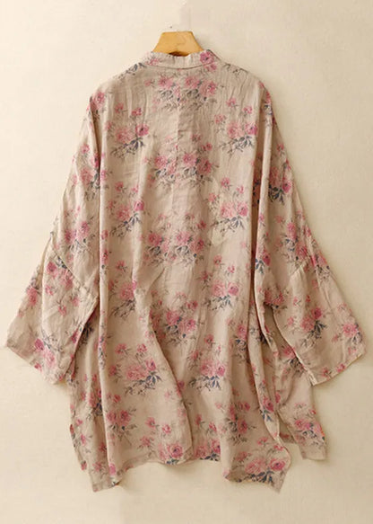 Pink Print Chinese Button Linen Shirts Spring