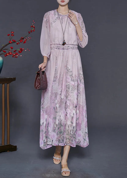Pink Elastic Waist Print Chiffon Dresses Bracelet Sleeve