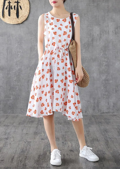 Handmade White Print Linen Long Shirts Sleeveless Cotton Summer Dress