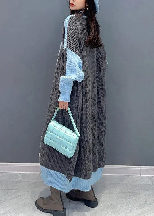 Loose Grey V Neck Pockets Patchwork Long Knit Cardigan Fall