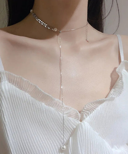 Silk Sterling Silver Pearl Ear of Wheat Pendant Necklace